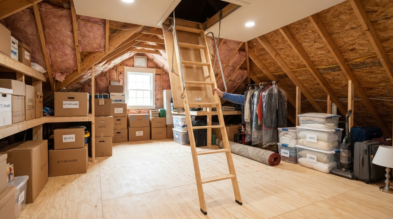 An accessible residential attic storage space with boxes and household belongings and visible flooring