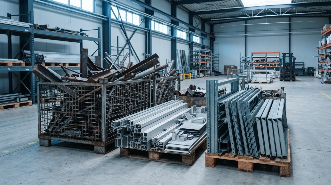 An organized collection of scrap metal pieces, steel, aluminum and metal shelving staged neatly for pickup