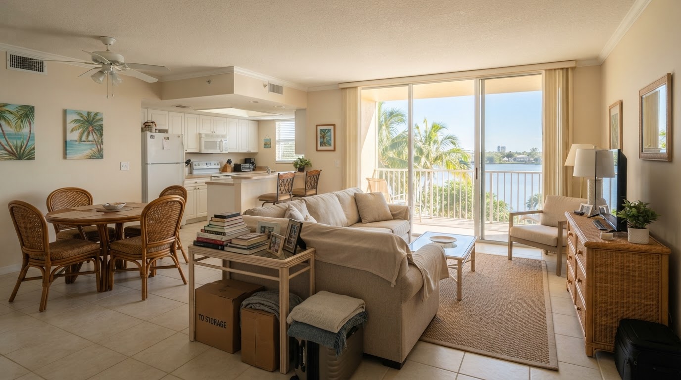 A furnished Florida seasonal condominium interior with a sofa, dining chairs and belongings prepared for removal