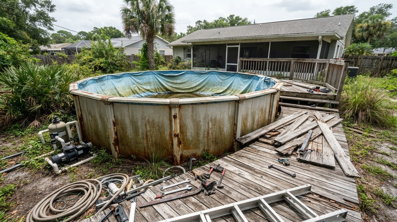 An aging above-ground swimming pool with metal walls and a worn liner in a residential backyard, staged for removal