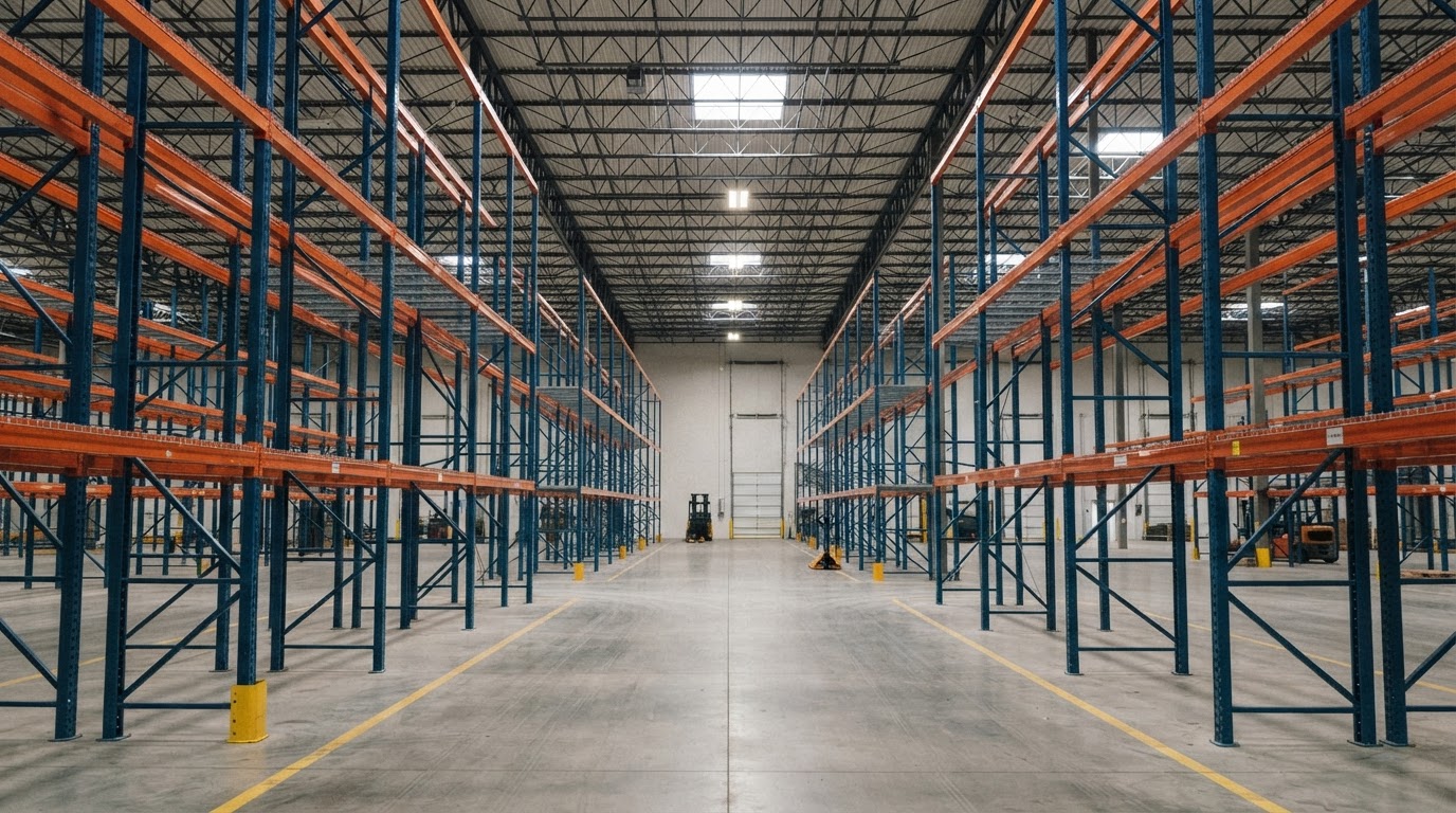 Empty selective pallet racking and steel warehouse shelving in a commercial distribution facility, staged for a removal planning discussion