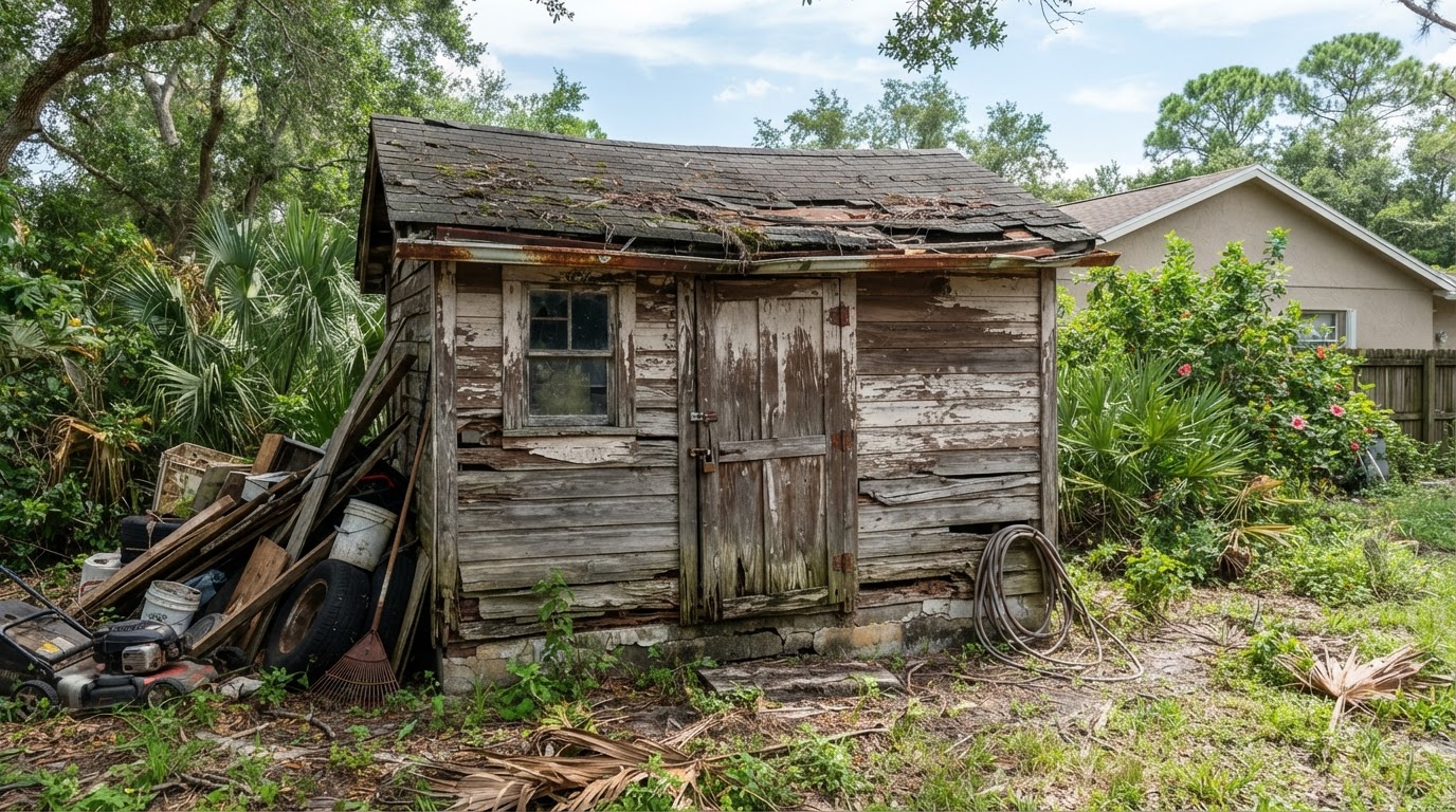 An old detached backyard storage shed made of weathered wood in a residential yard, ready for demolition and removal