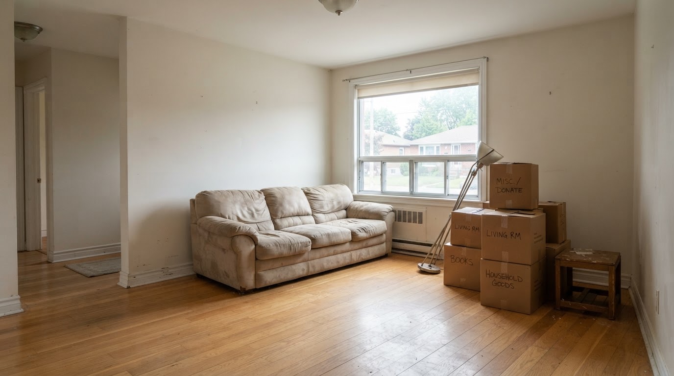 Vacant residential investment property interior with selected unwanted furniture and household belongings staged for an authorized cleanout
