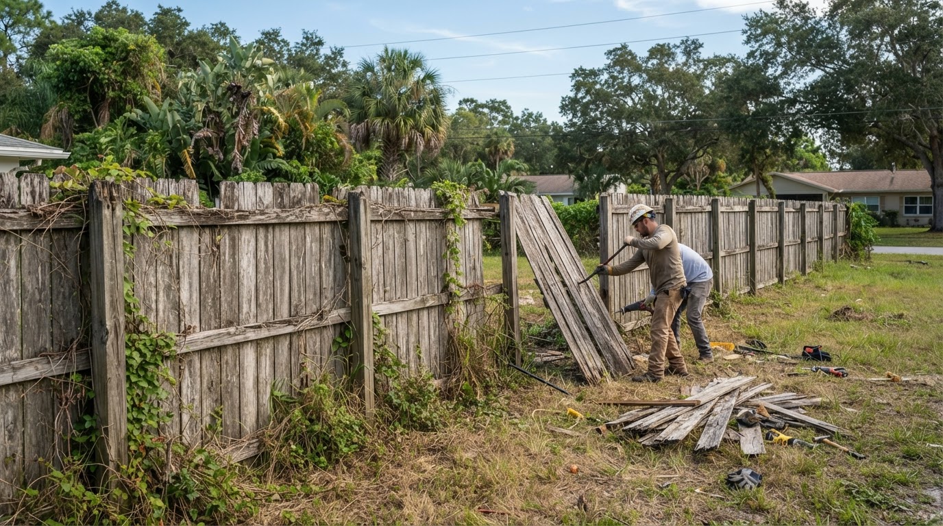 An old residential wood privacy fence with weathered posts and panels in a Florida yard, ready for fence removal