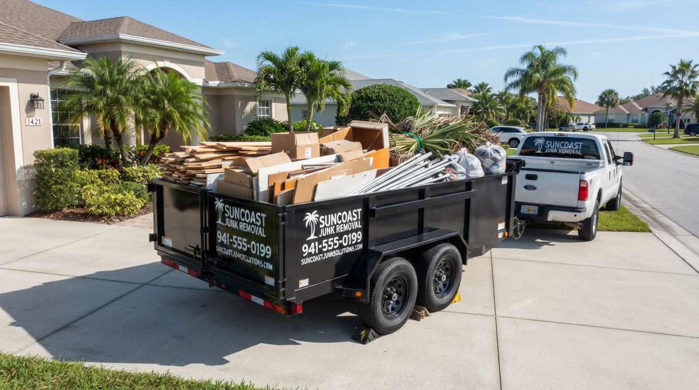 Clean Cut Property Solutions dump trailer with sorted removal debris parked in Florida driveway