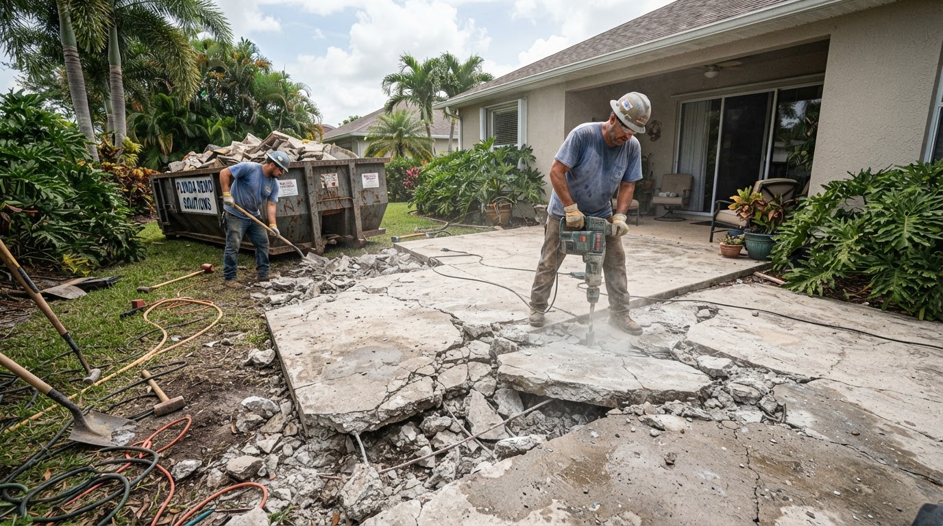An aging residential concrete patio slab in a backyard, cracked and staged for controlled demolition and removal