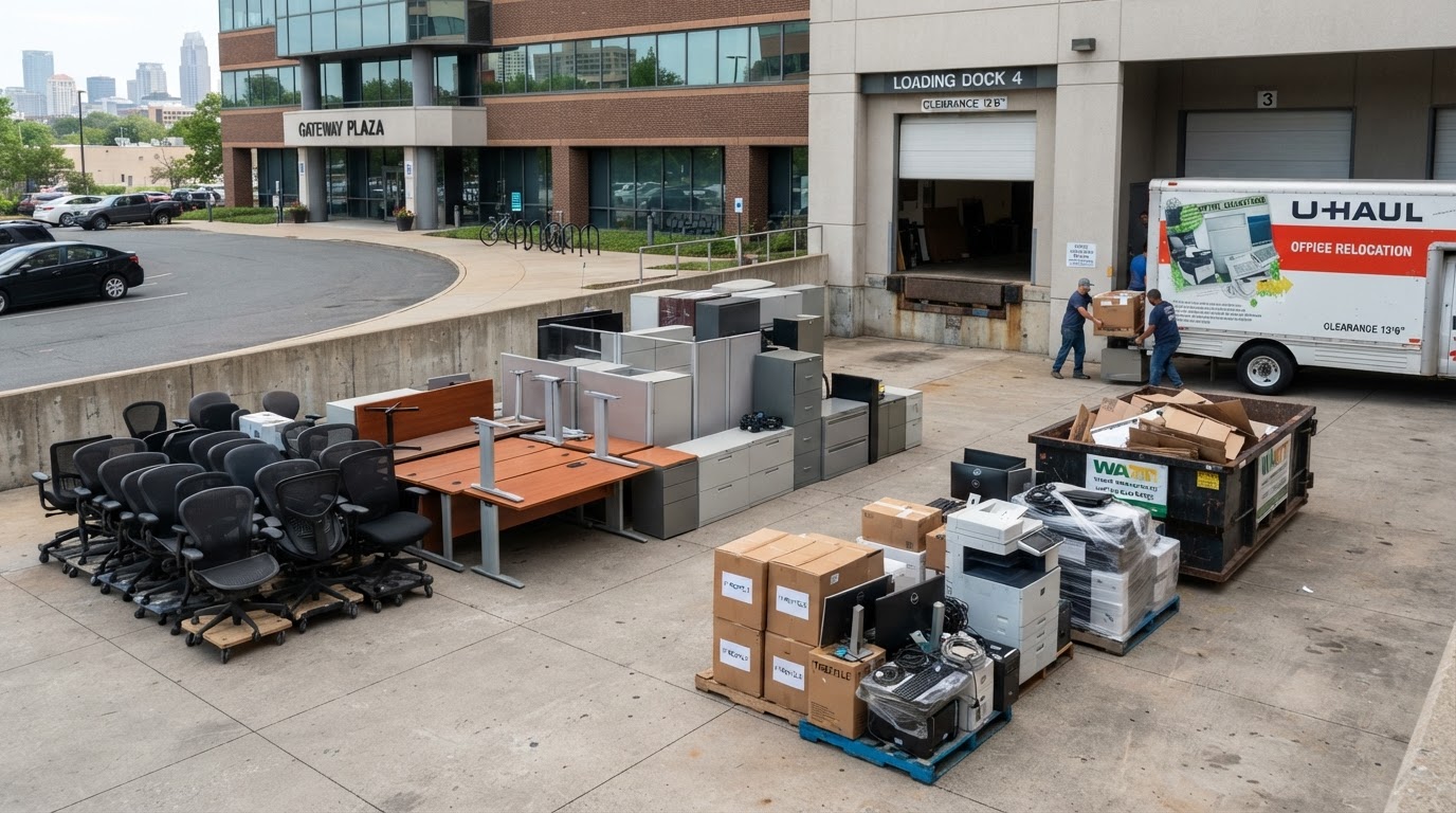 Office furniture and business equipment staged in a commercial loading area for removal