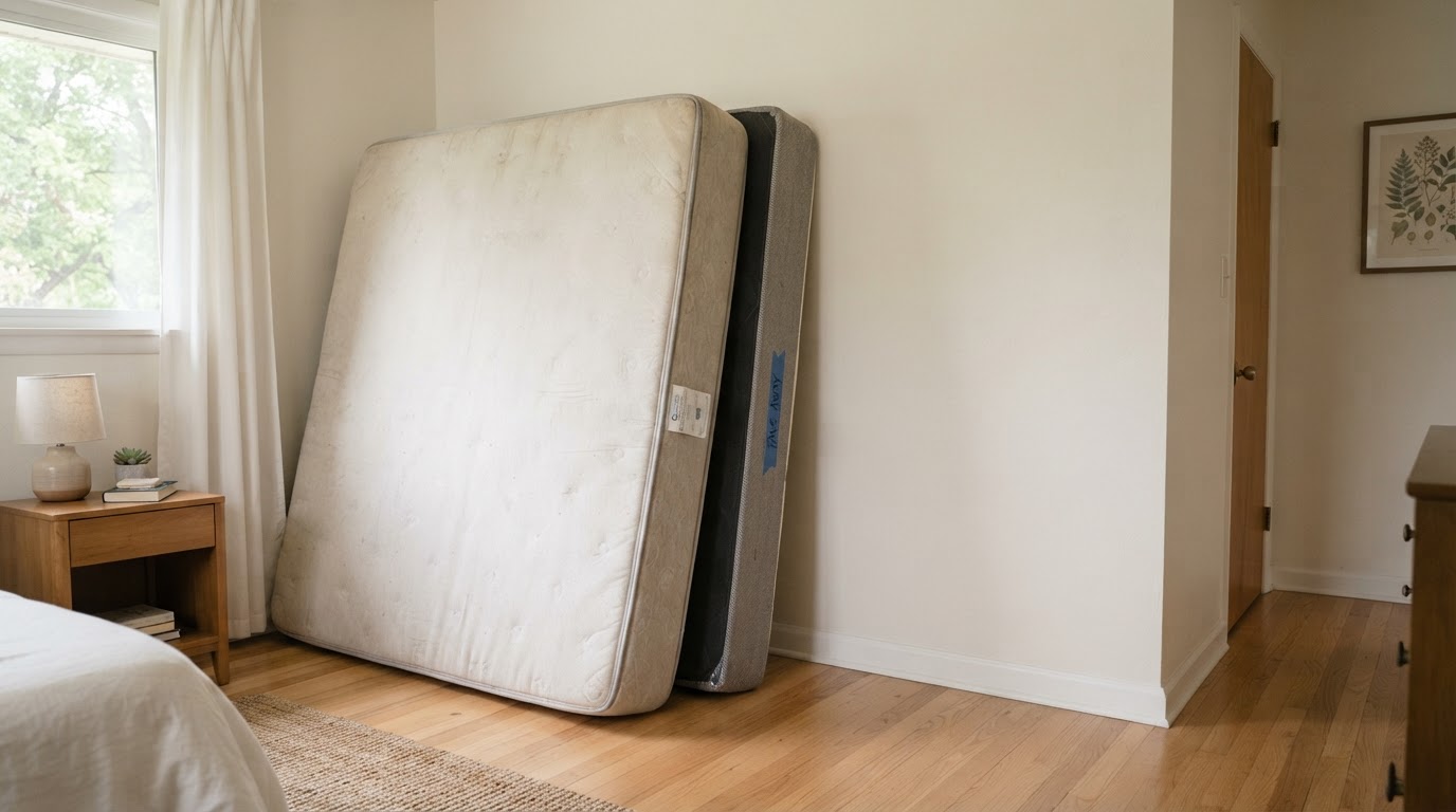 A queen size mattress and box spring leaning against a clean bedroom wall prepared for removal