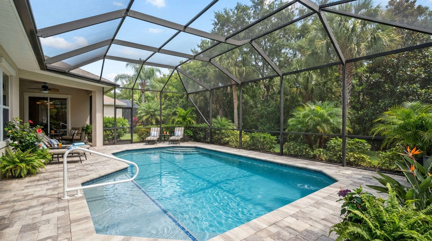 Florida residential swimming pool enclosed by an aluminum screen cage with roof panels and framing, staged for an enclosure removal planning discussion
