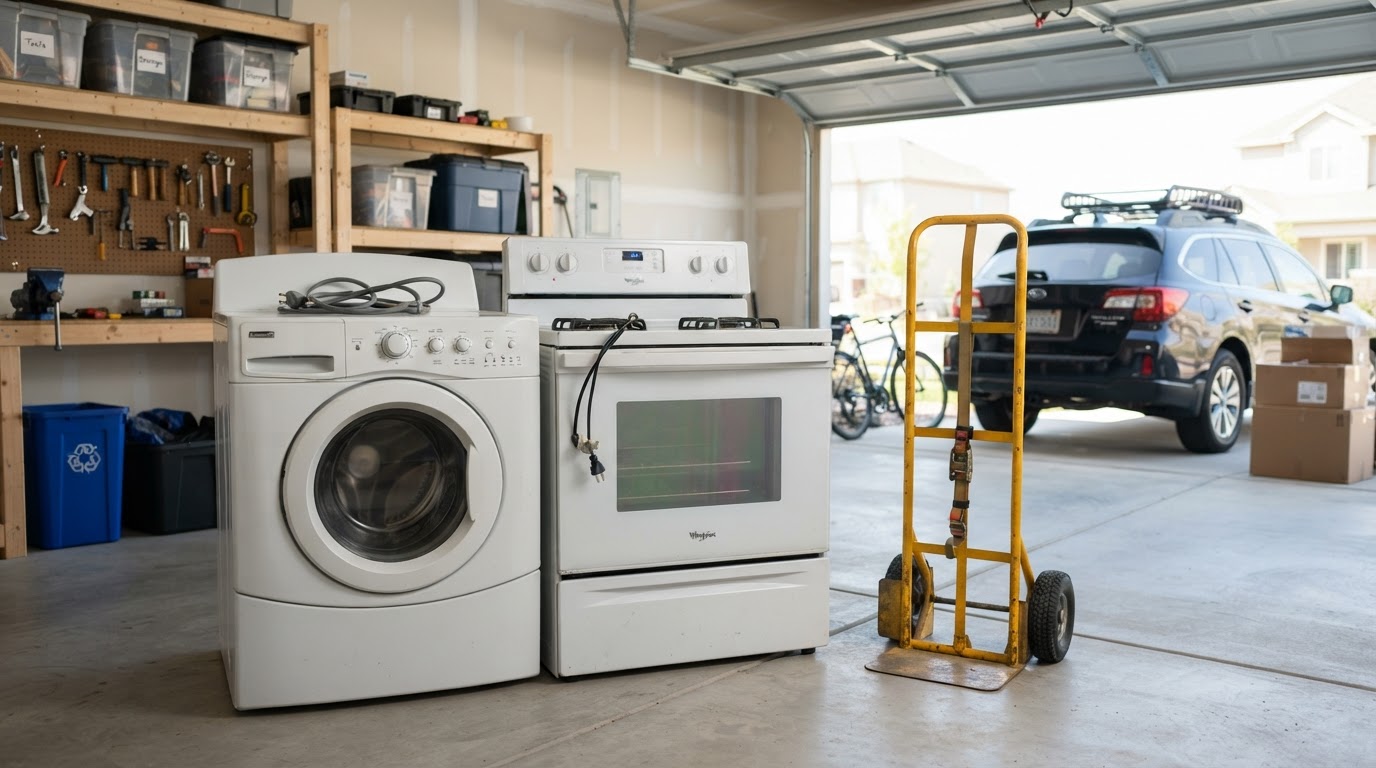 Household appliances including a washing machine and a stove range staged in a clean garage for appliance removal