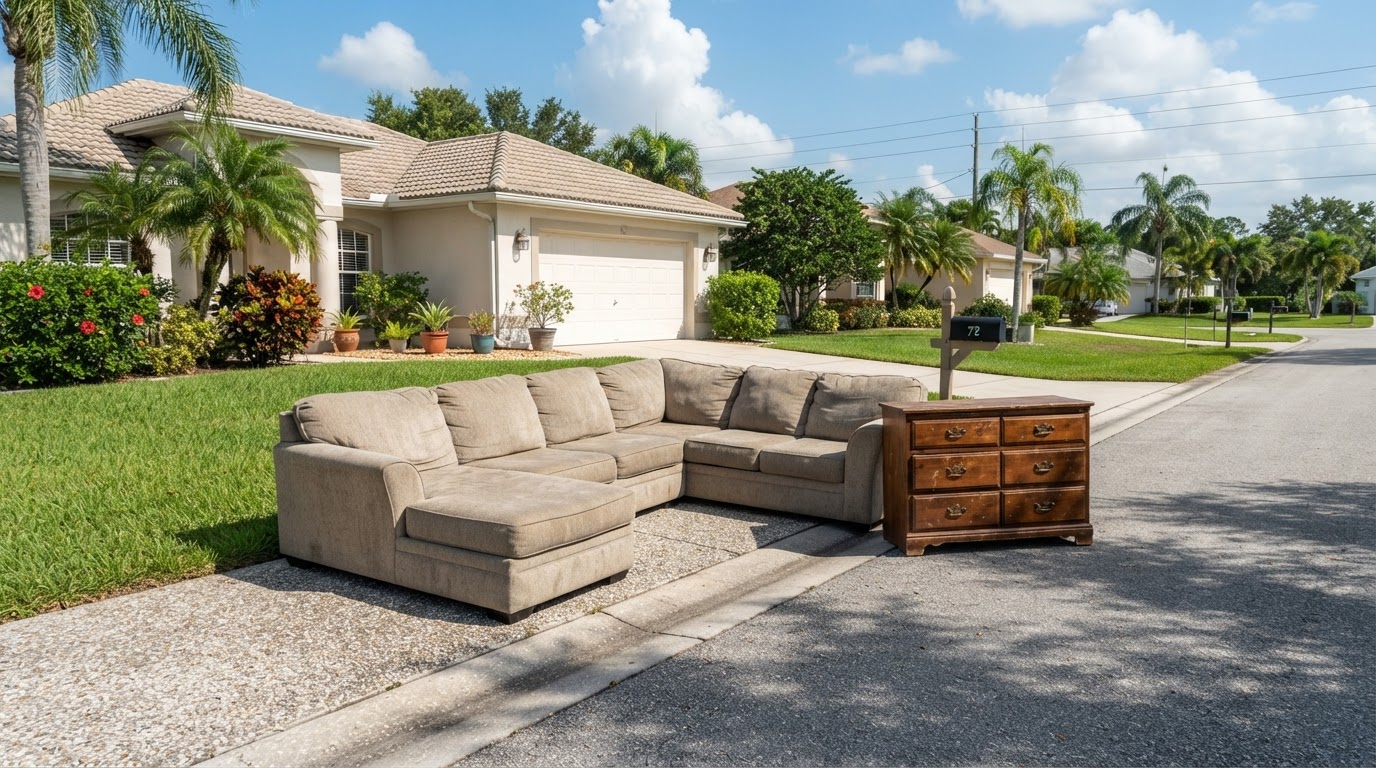 A large sectional sofa and wooden dresser staged at a driveway edge for furniture pickup removal