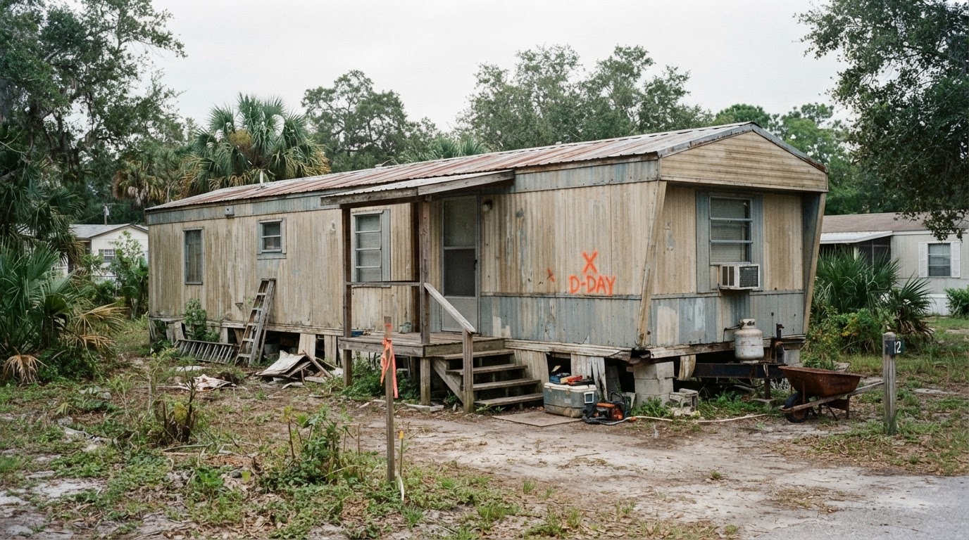 An older single-section manufactured home with weathered siding, metal roof and porch steps in a Florida residential lot, staged for a demolition planning discussion