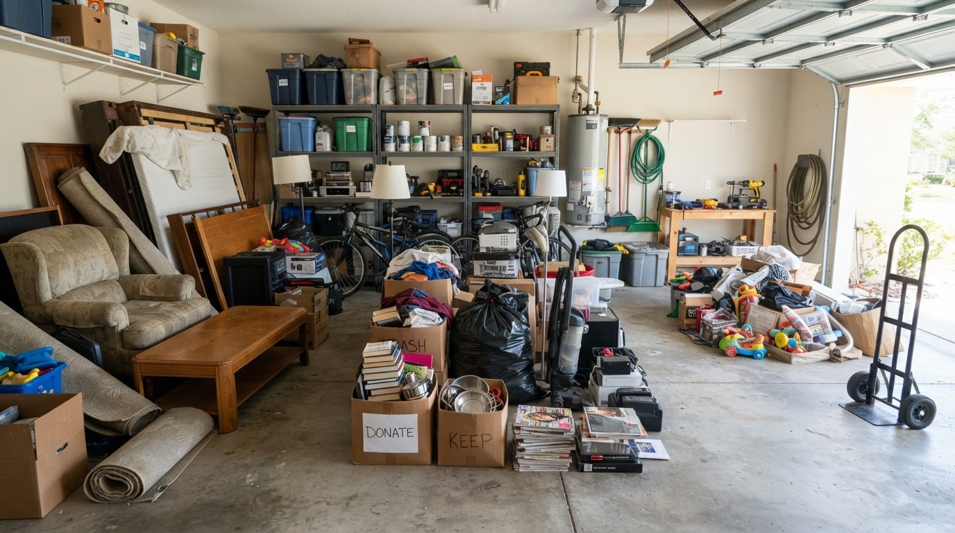 Household furniture and unwanted belongings neatly staged in a garage for residential junk removal