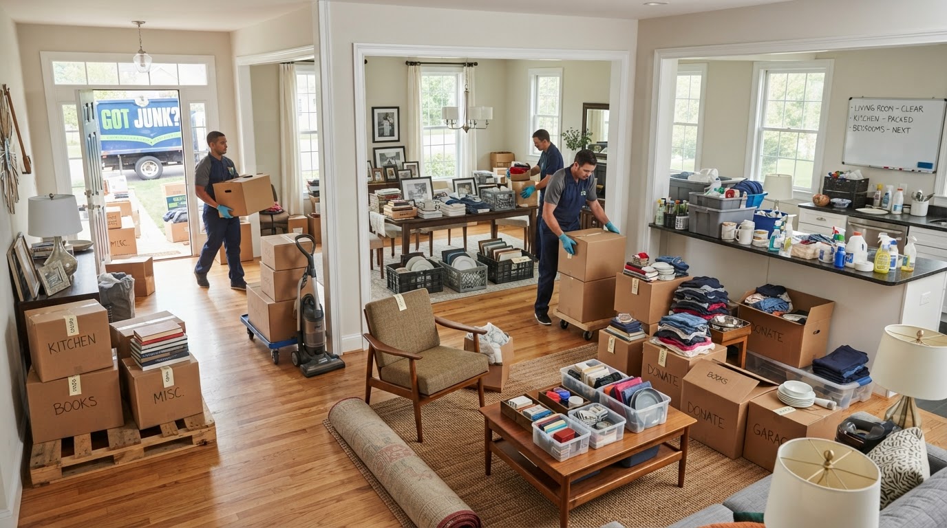 A larger residential cleanout involving multiple rooms with staged furniture, boxes, and household items organized for removal