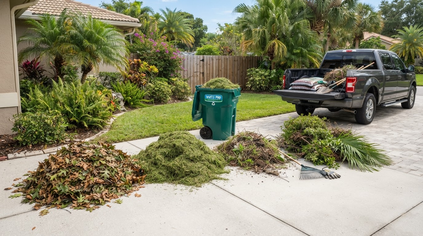 Organized residential yard waste including leaves, grass clippings, and landscaping debris near a driveway loading area