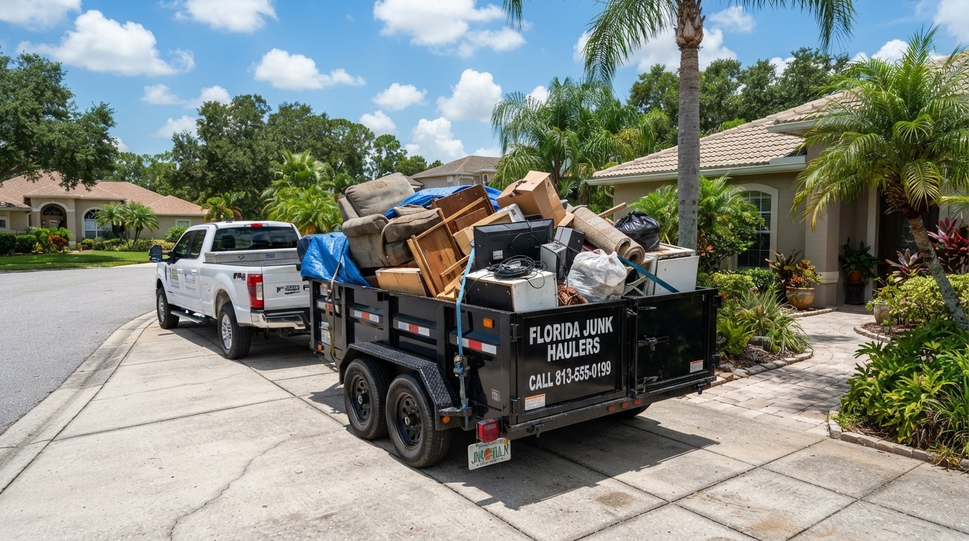 Black dump trailer loaded with mixed household junk parked in a Florida residential driveway