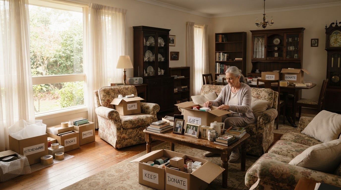 A comfortable residential interior with selected furniture and household belongings staged for a downsizing cleanout