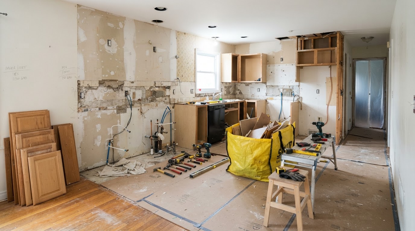 A kitchen renovation tear-out showing removed cabinetry and exposed wall finishes in a residential room, staged for demolition