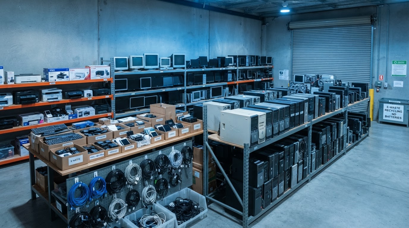 Assorted unwanted electronic devices including monitors, computers, and small electronics organized for collection