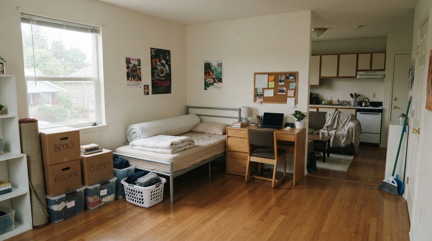 A tidy student apartment or shared housing living space with a desk, small bed frame, chairs, storage bins and boxes neatly staged for a move-out cleanout
