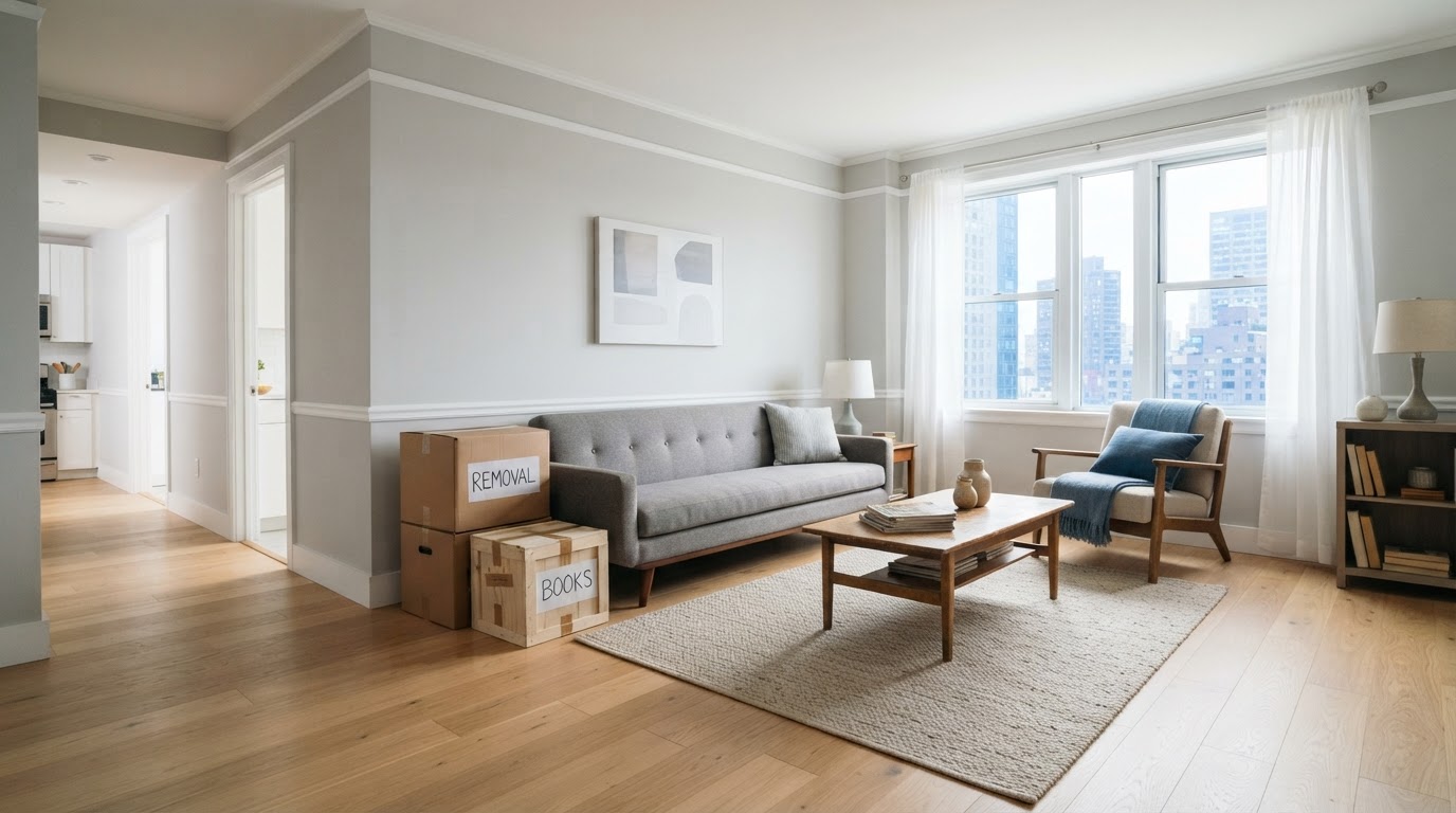 An apartment or rental house interior with unwanted furnishings and boxes staged neatly for authorized removal between tenants