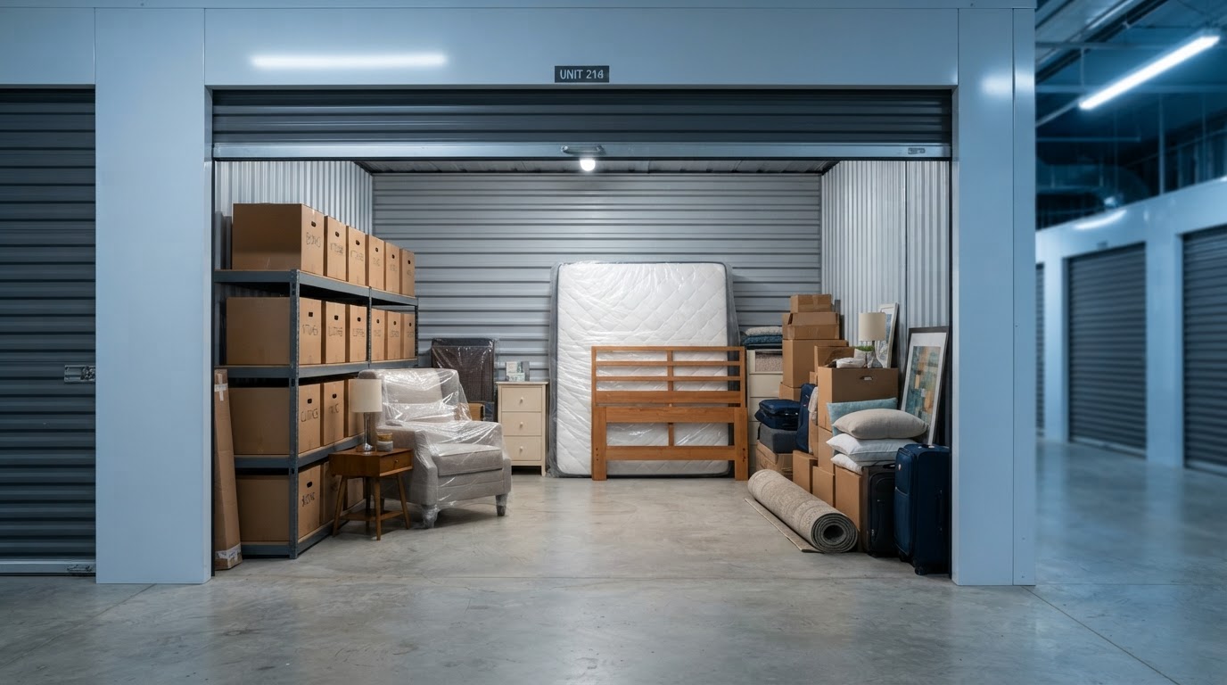 A self-storage unit interior with neatly stacked boxes, stored furniture and household belongings behind an open roll-up door