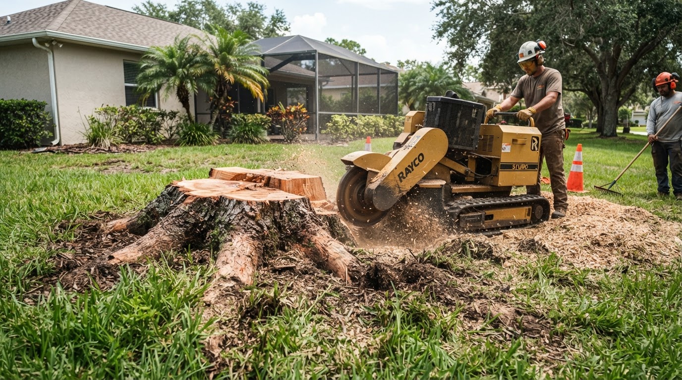 A tree stump with visible root flare in a residential yard, in a professional stump-grinding and removal context