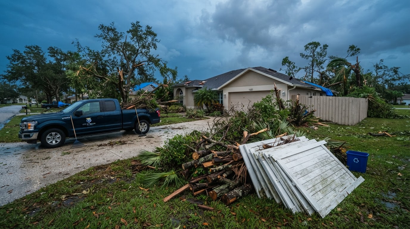 Fallen branches, cut brush and windblown yard debris staged along a residential Florida driveway after a storm