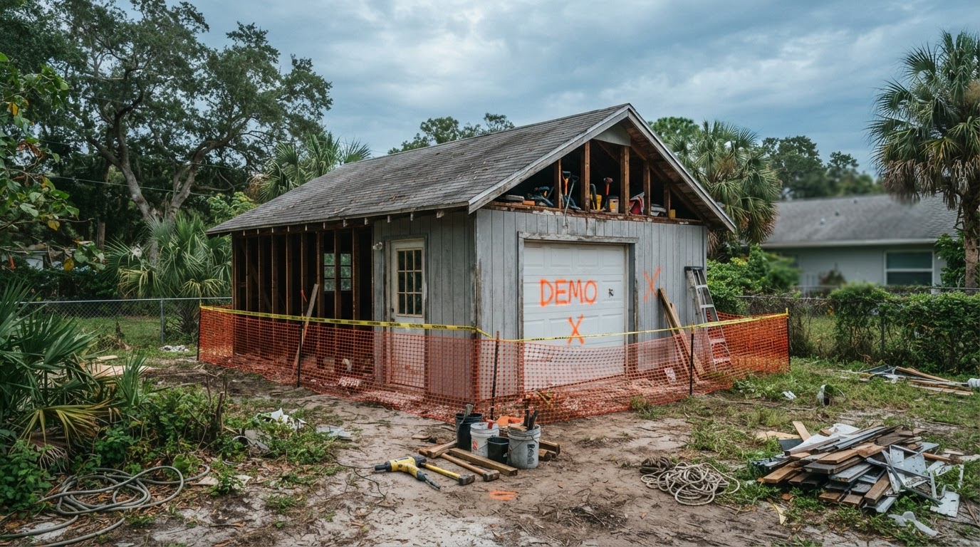 A detached residential garage structure with a roof and garage door in a Florida yard, in a controlled demolition preparation context