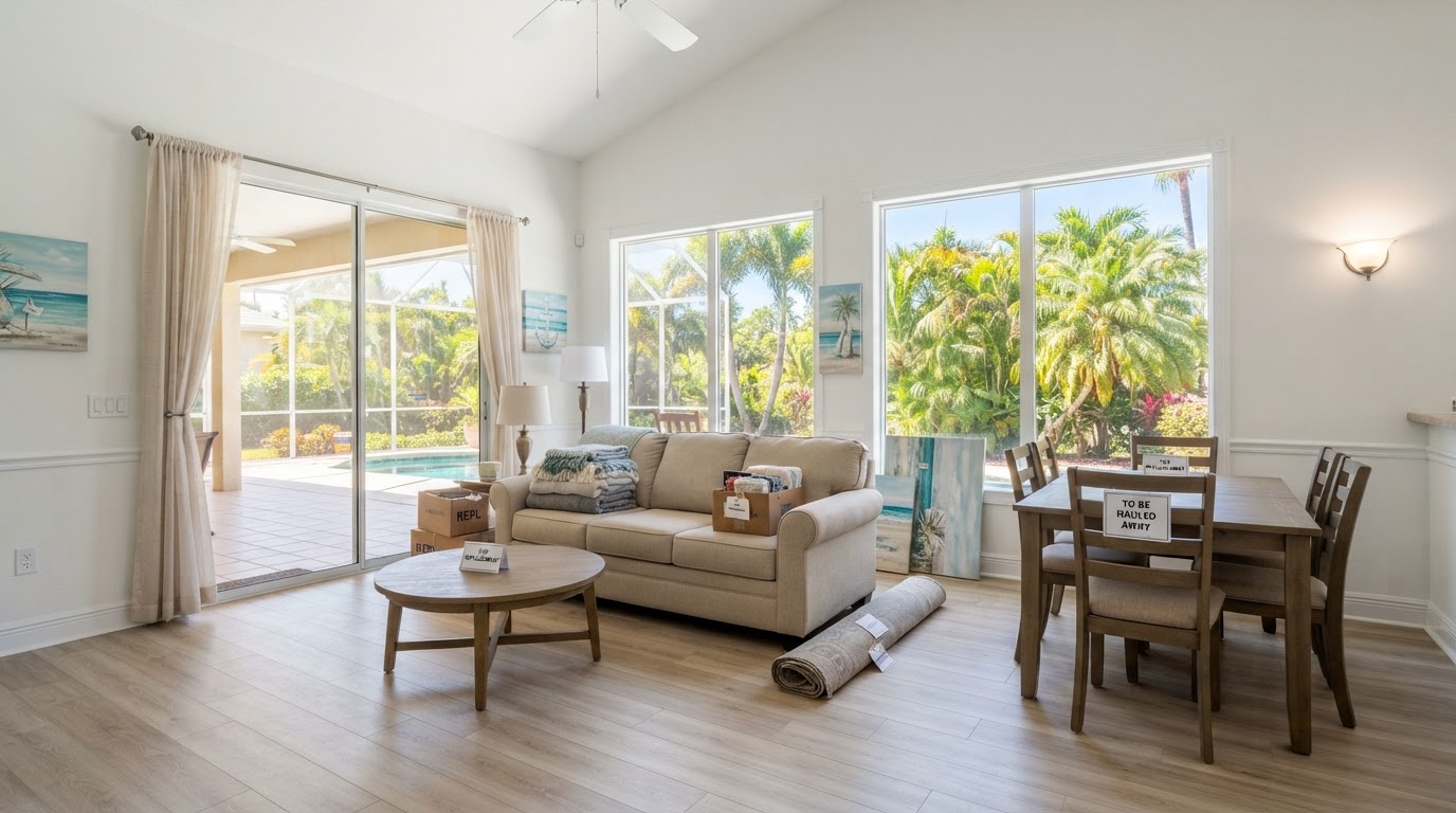 A furnished Florida vacation rental living room with a sofa, dining table and selected furniture pieces neatly staged for replacement or hauling, bright airy space