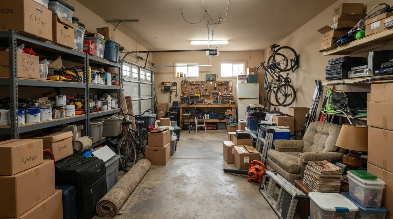 A residential garage containing stored belongings, cardboard boxes, shelving, and accumulated household items before a cleanout