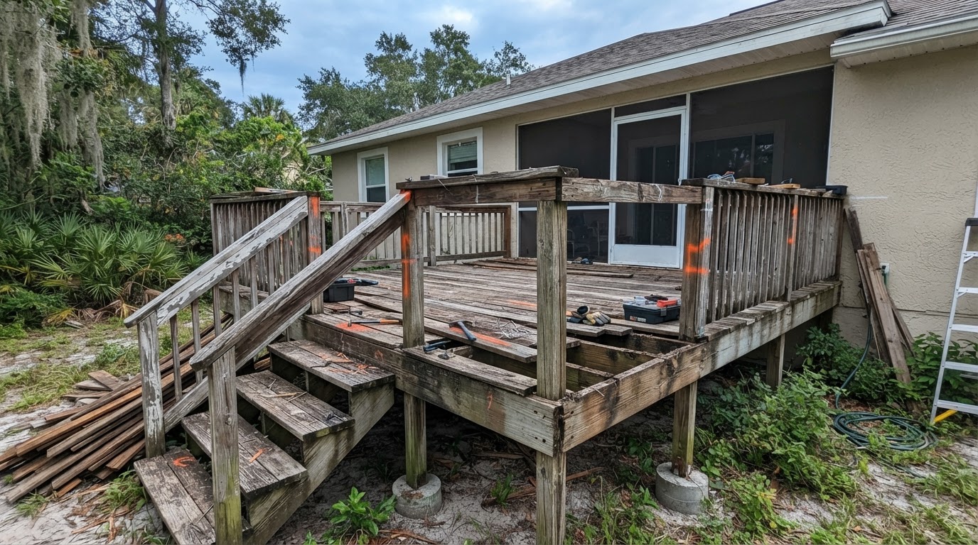 An aging residential wooden deck with weathered boards, railings, and stairs being prepared for removal in a backyard