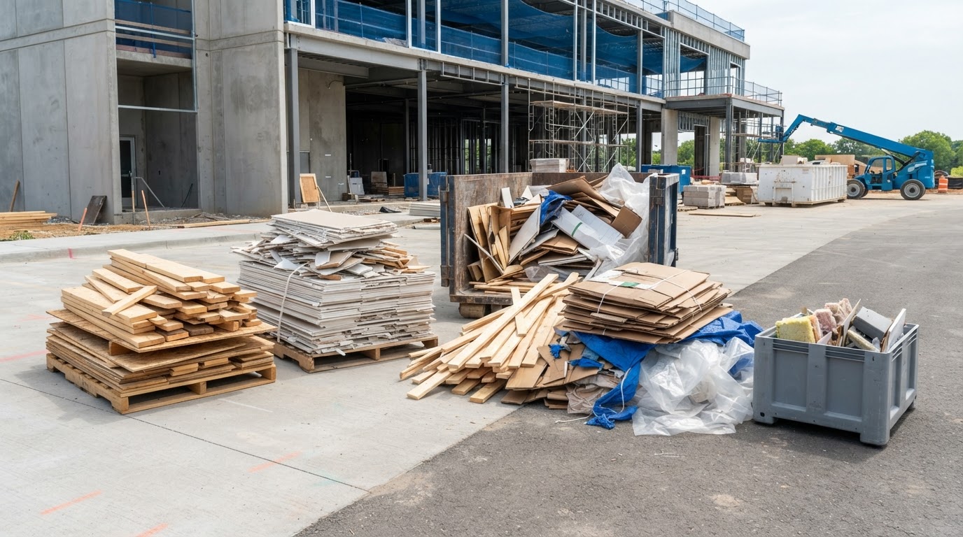 A sorted pile of nonhazardous construction and renovation debris including wood offcuts, drywall remnants and packaging staged neatly for collection
