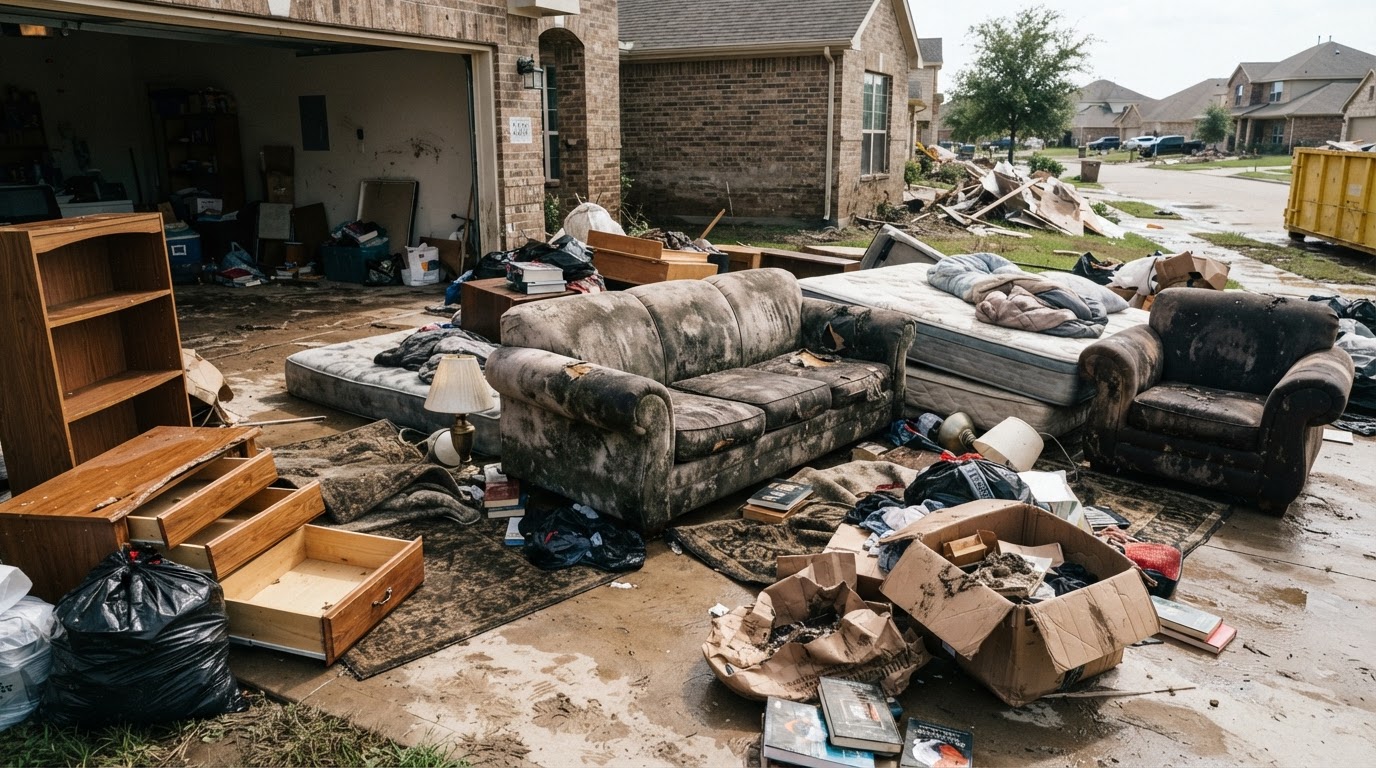 Water-damaged upholstered furniture and household furnishings staged in a garage for disposal after a flood