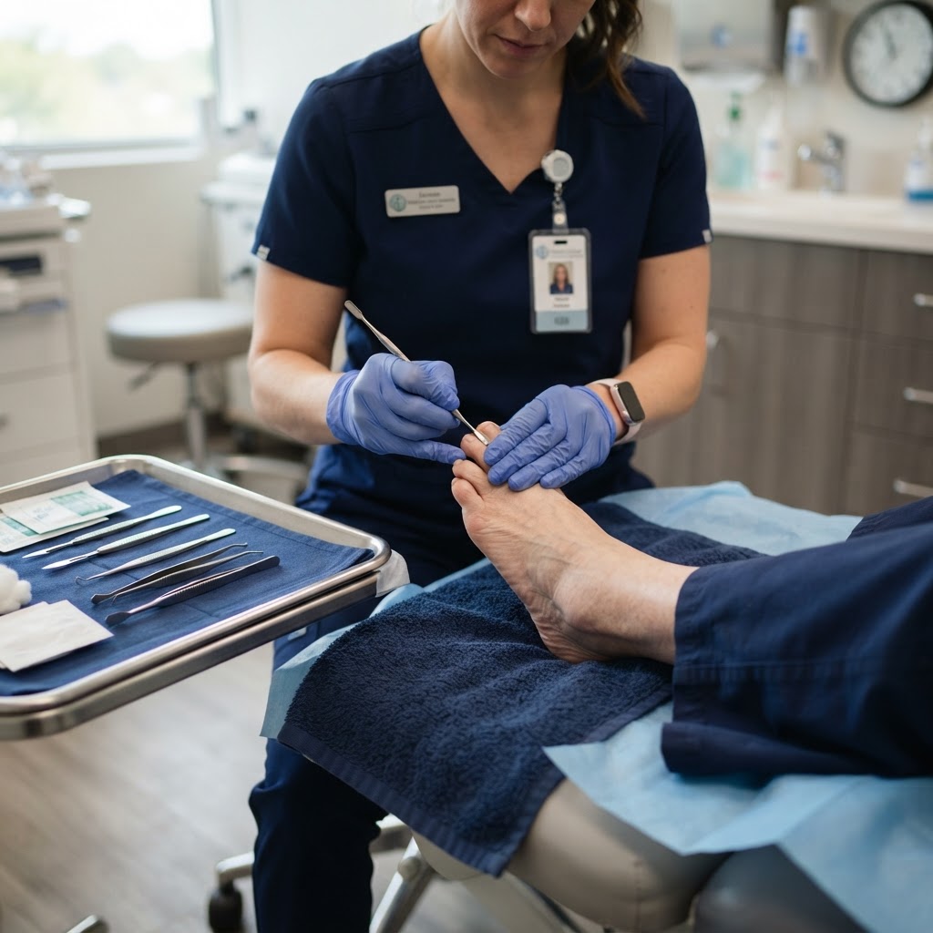 Close-up of a nurse's hands performing precise, hygienic foot care with professional instruments
