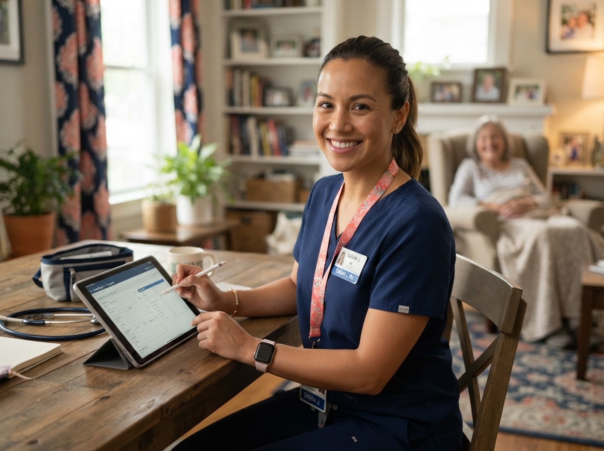 A Clipt nurse documenting patient care on a tablet, supported by the Clipt Provider platform