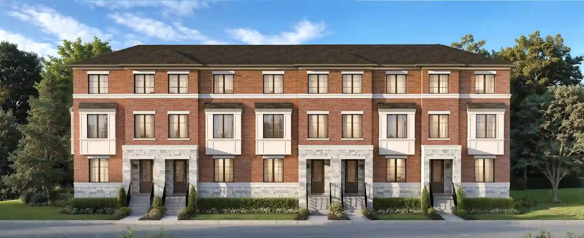 Elements Milton contemporary townhome architectural elevation rendering with stone and brick masonry