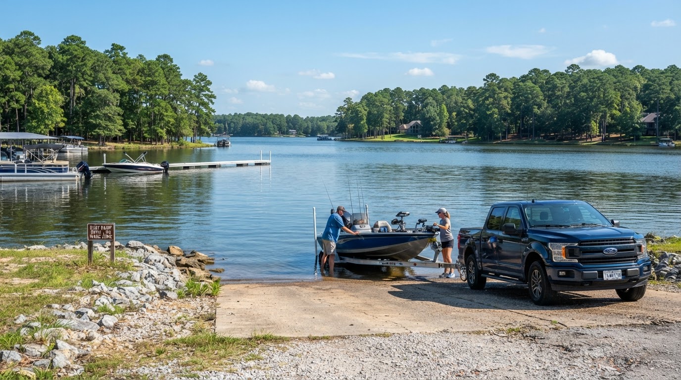 Lake Conroe boating scene near Conroe where boat trailers and equipment need powder coating and blasting