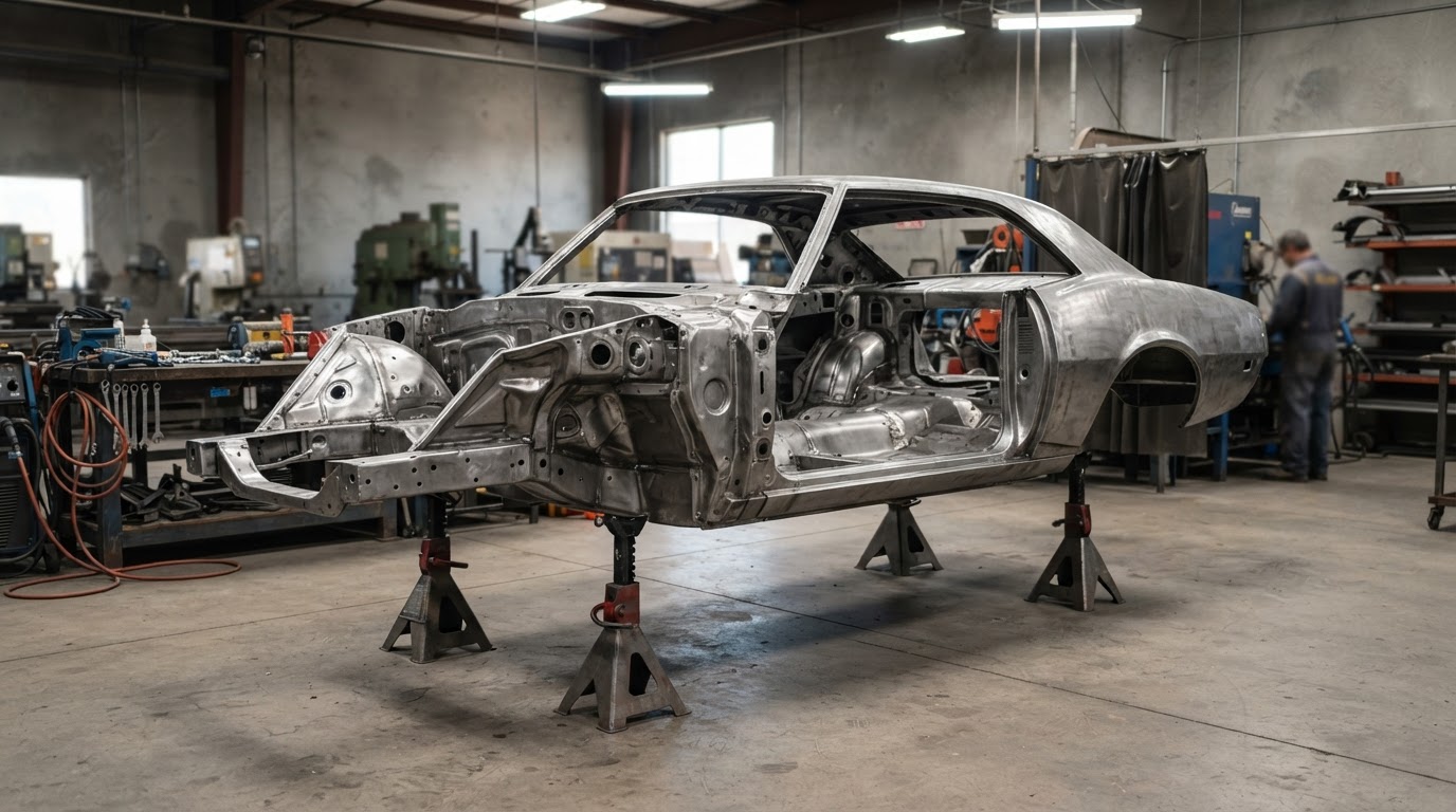 Stripped bare metal car frame on stands in a shop, blasted clean and ready for coating during classic car restoration in The Woodlands