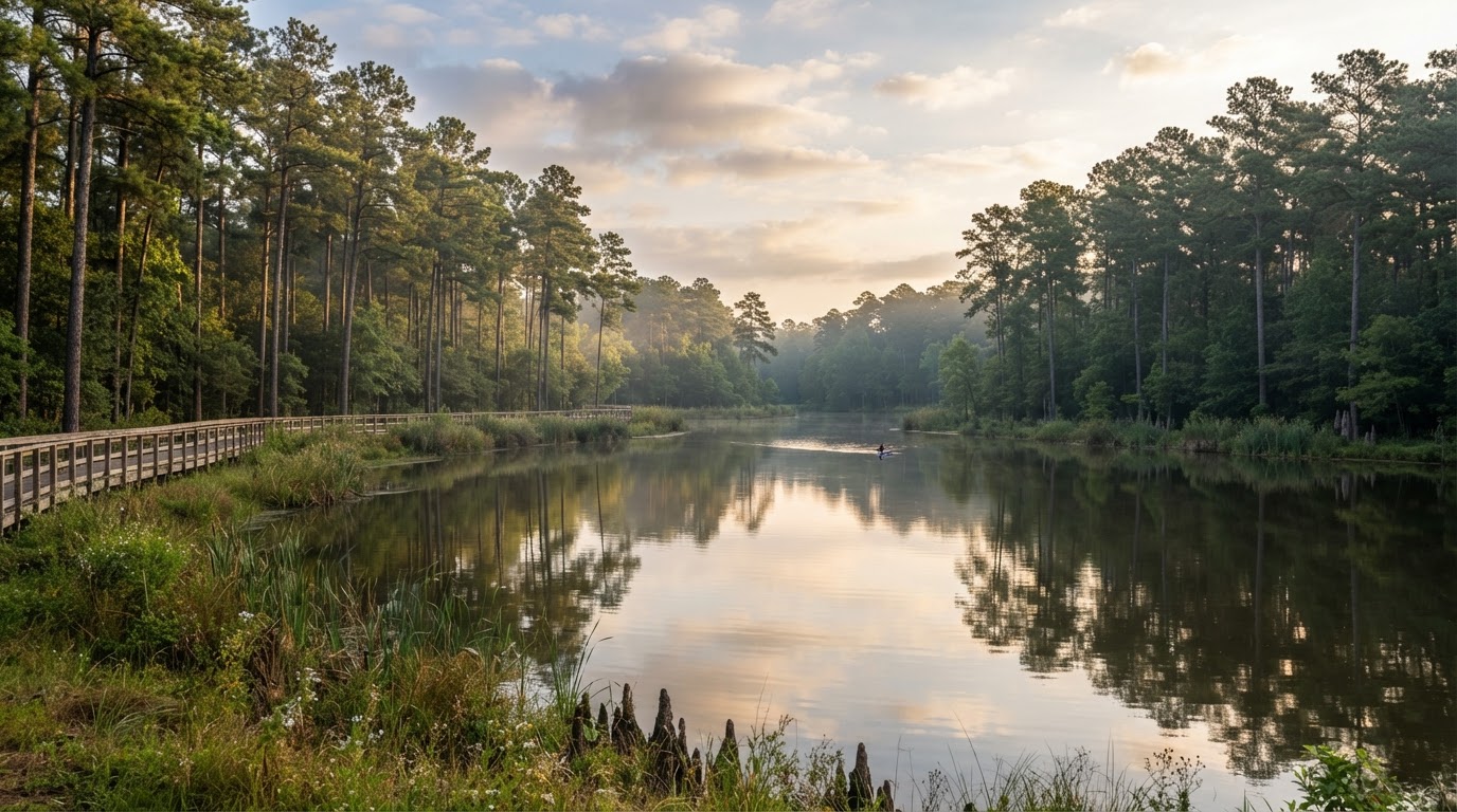Pine forest and waterway scenery around The Woodlands Texas where the powder coating and blasting shop is based