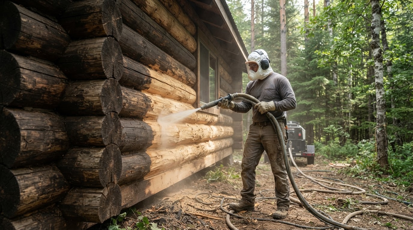 Log cabin wood wall being restored by media blasting to remove old stain and mildew