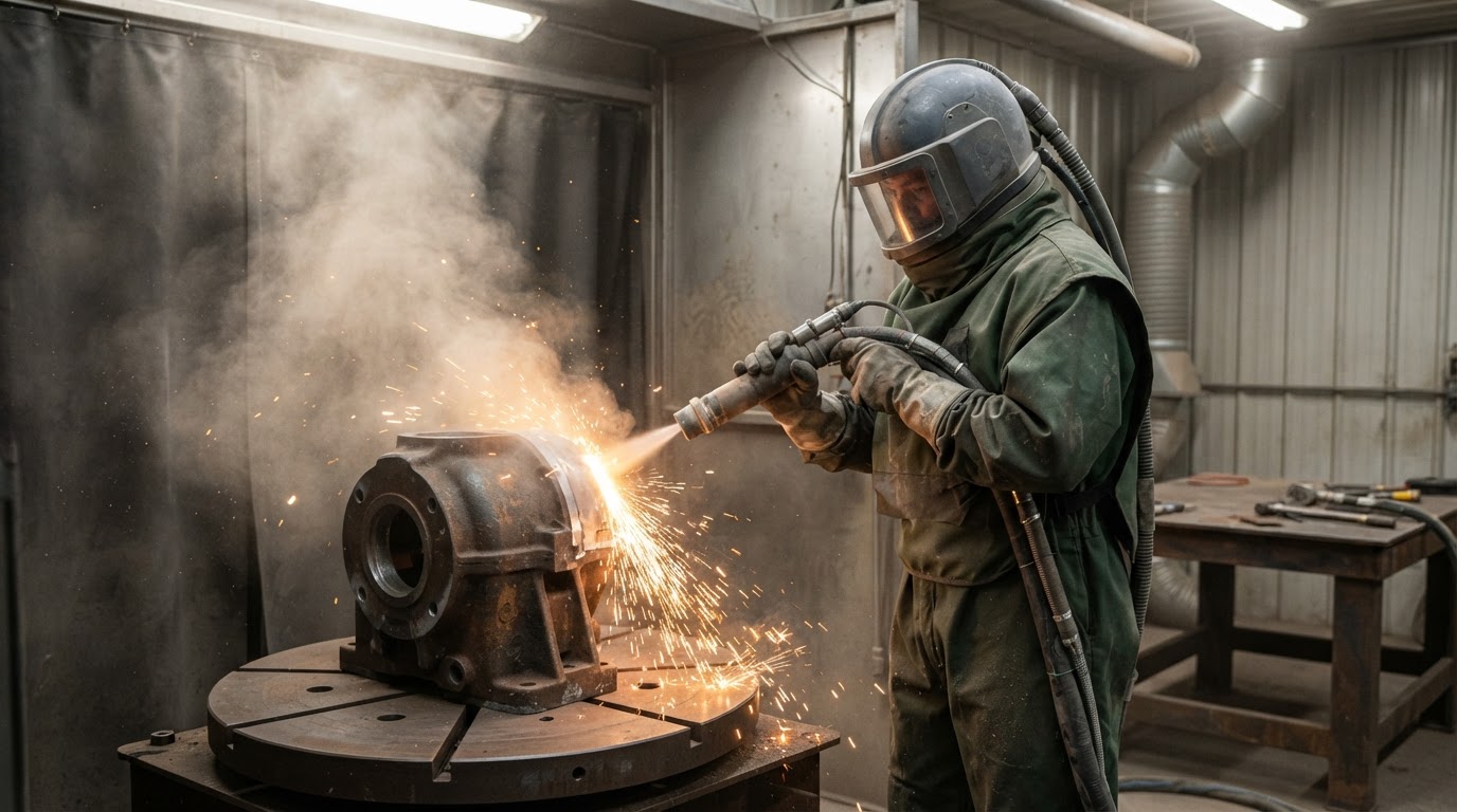 Abrasive blaster in full protective suit and helmet operating a blast nozzle in a blast booth