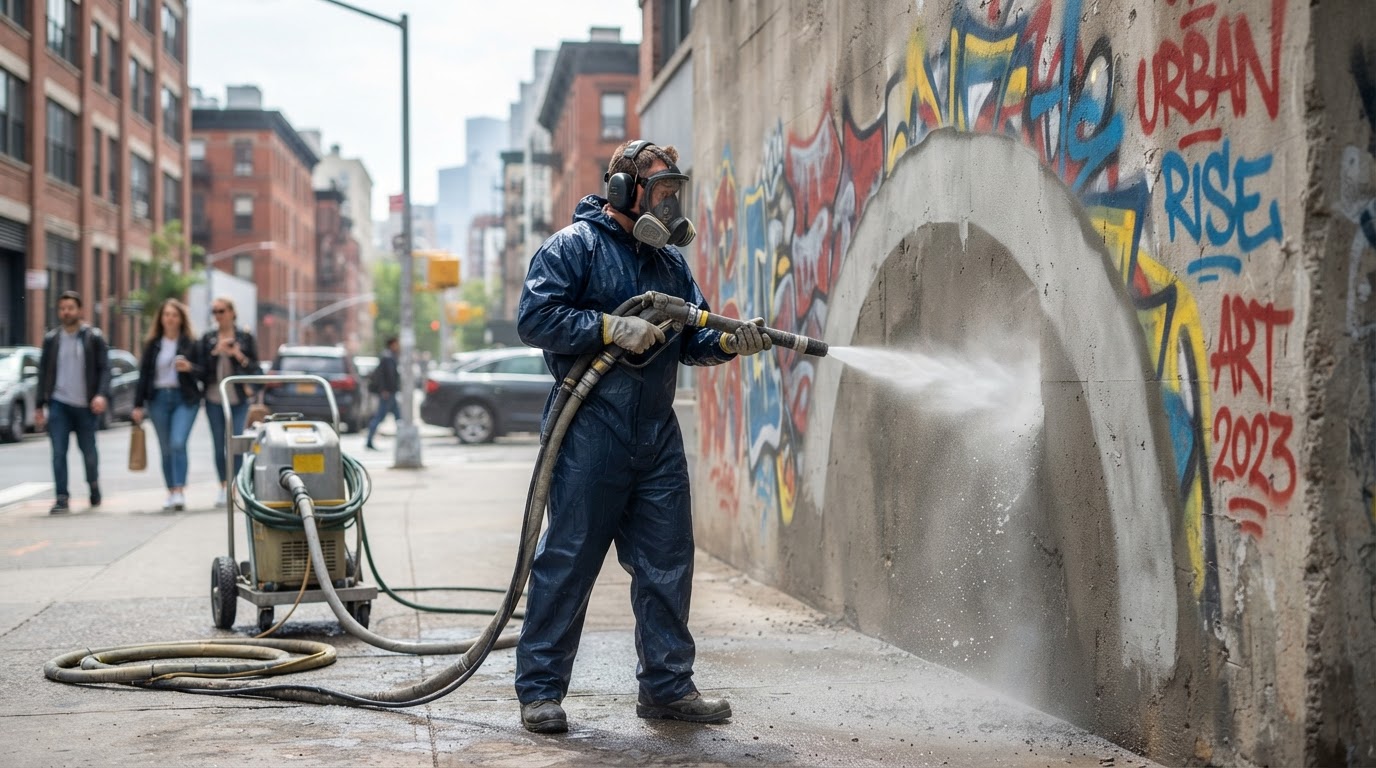Graffiti being removed from a concrete wall by dustless blasting with water mist in The Woodlands