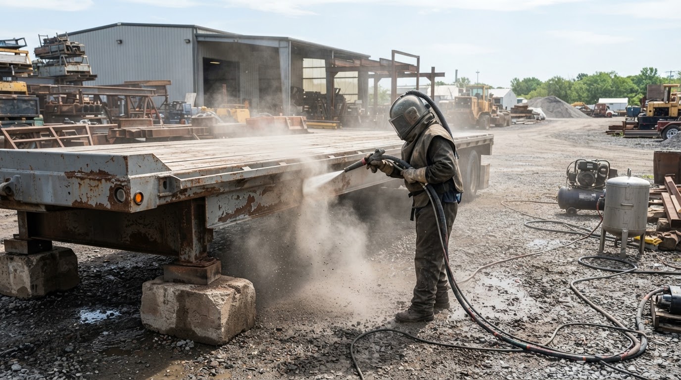 Trailer being sandblasted in a yard by an operator in full protective gear at a The Woodlands sandblasting service