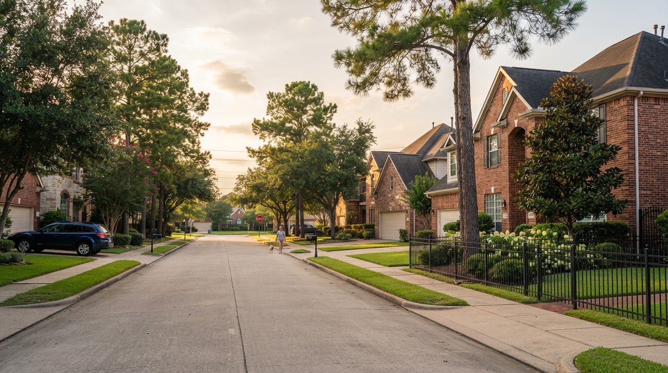 North Houston suburban neighborhood with brick homes and wrought iron fences served by the The Woodlands powder coating shop