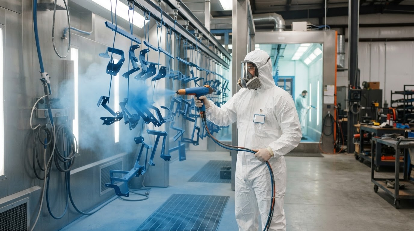 Powder coating technician in protective gear spraying electrostatic powder onto hanging metal parts in a clean The Woodlands shop