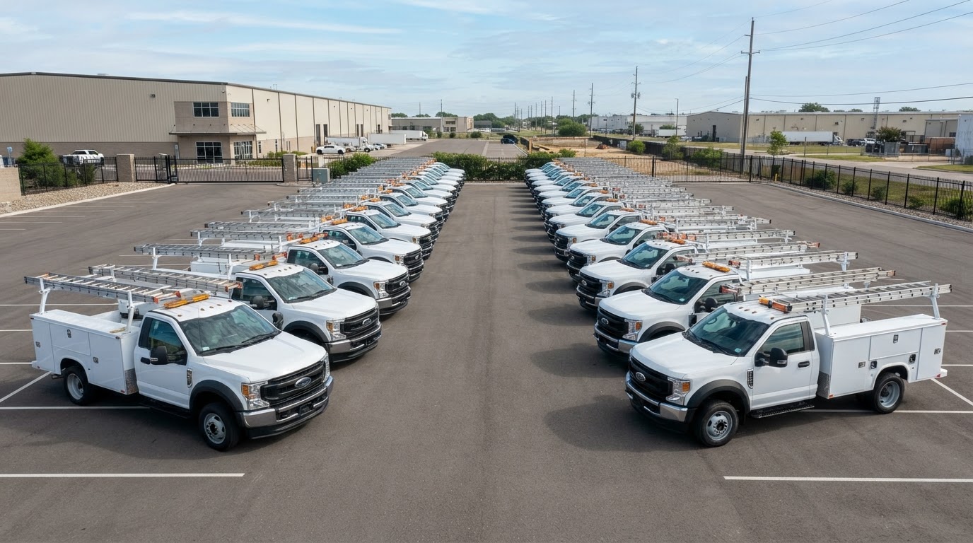 Fleet of work trucks lined up in a lot near The Woodlands for industrial blasting and coating maintenance