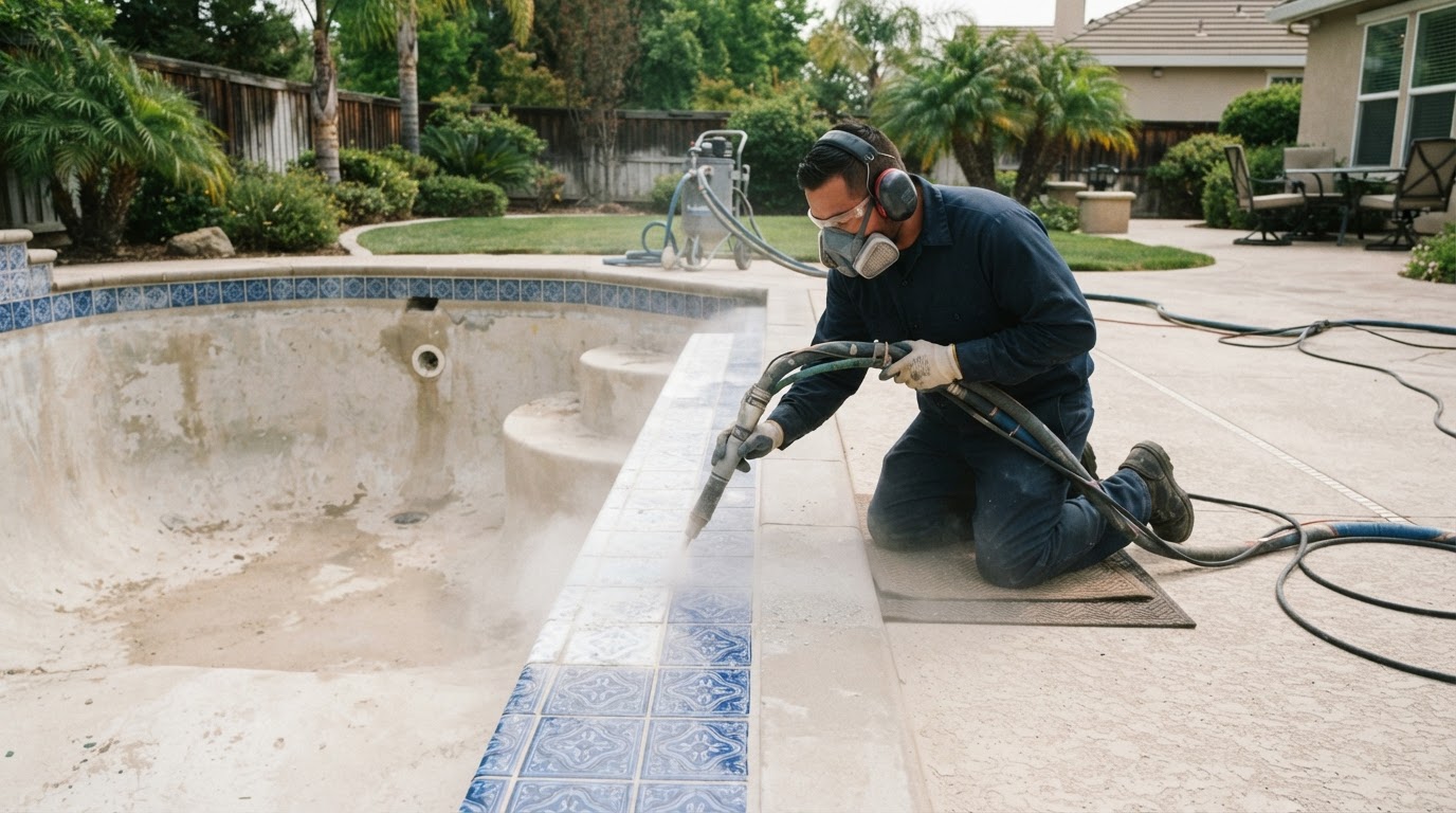 Drained swimming pool with clean tile after calcium removal by dustless blasting in a The Woodlands backyard