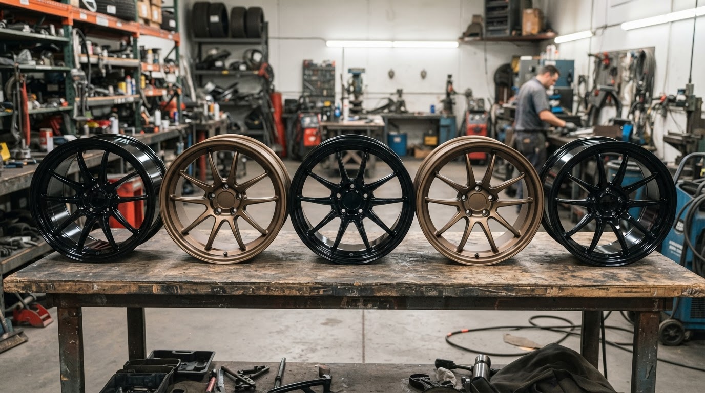 Freshly powder coated car wheels in gloss black and bronze finish lined up in a shop