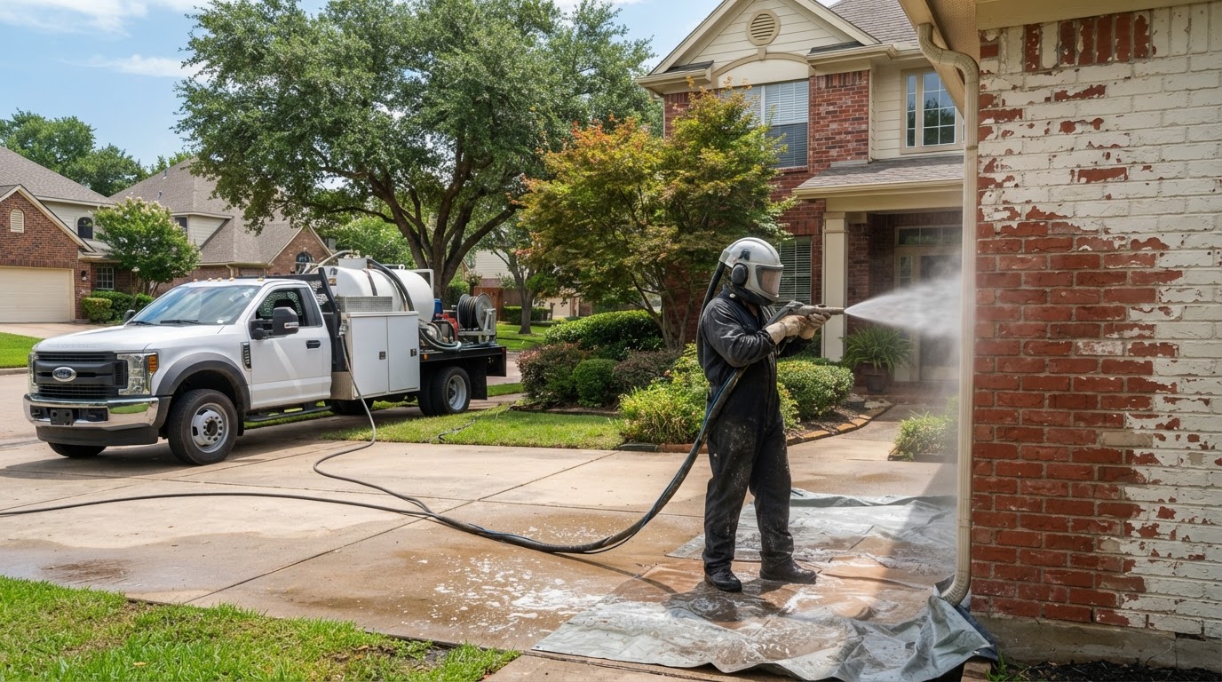 Mobile dustless blasting rig at a brick home removing paint from the wall with water mist